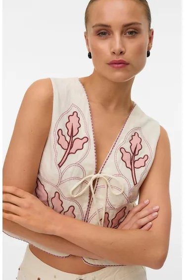 Embroidered Tie Front Waistcoat