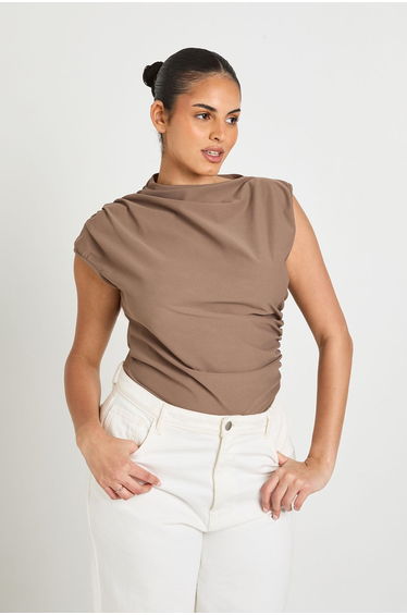 Plus Ruched Grown On Neck Bodysuit - mushroom