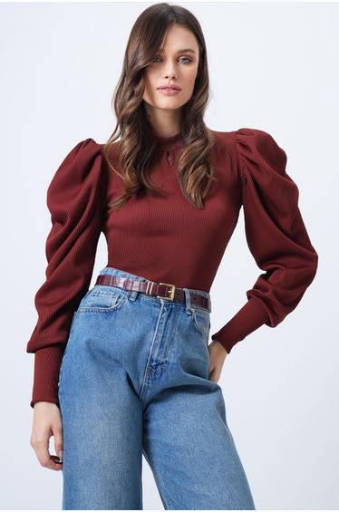 Women's brick red crew neck drop shoulder princess sleeve knit blouse