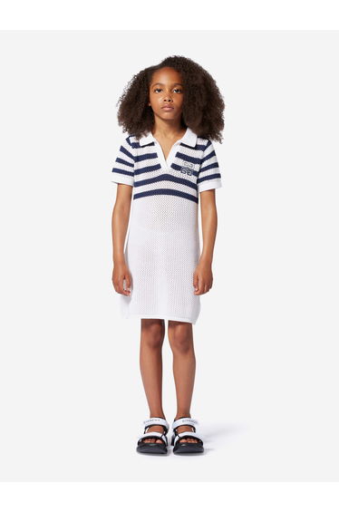 Girls Striped Knitted Dress in White