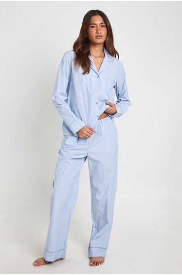 Cotton Poplin Pinstripe Long Sleeve Shirt & Trouser Pyjama Set - light blue