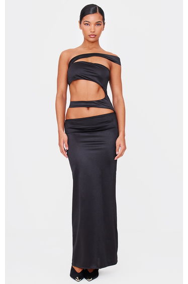 Black Stretch Satin Cut Out Maxi Dress