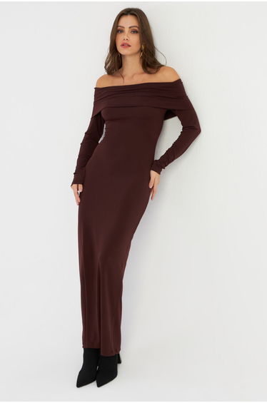 Women's Brown Madonna Collar Maxi Dress