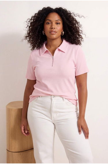 Pink Zipper Polo Collar Ribbed Knit Knitted Large Size Blouse