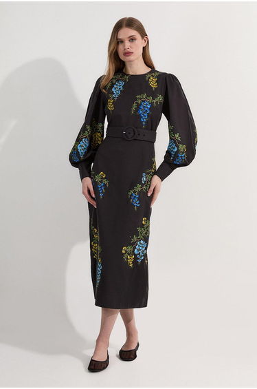 Floral Embroidered Cotton Linen Woven Midi Dress