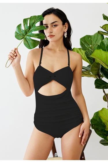 Twisted Cutout Wavy Textured Swimsuit in Black