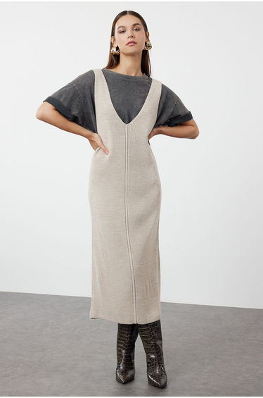 Stone Plain Maxi Knitwear Dress