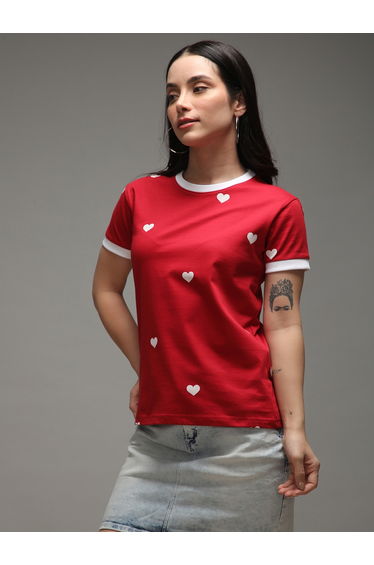 Women Regular Fit Heart Print T-Shirt