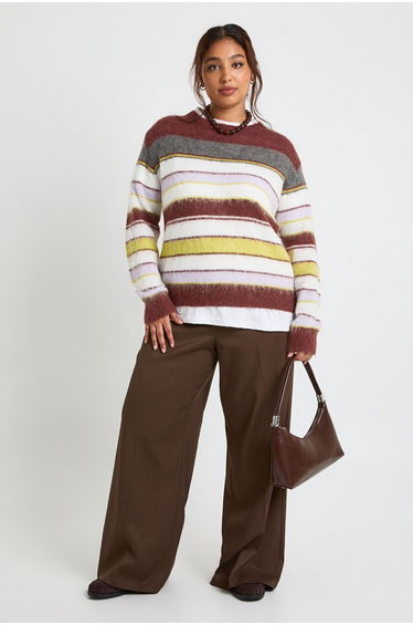 Plus Brushed Knit Multi Stripe Oversized Crew Neck Jumper - multi