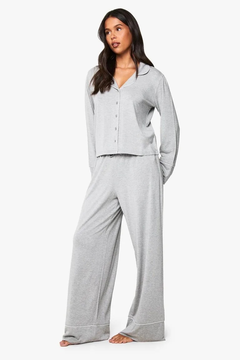 Modal Long Sleeve Shirt & Trouser Pyjama Set - grey marl - 2