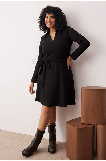 Black Polo Collar A-Line Knitted Plus Size Dress