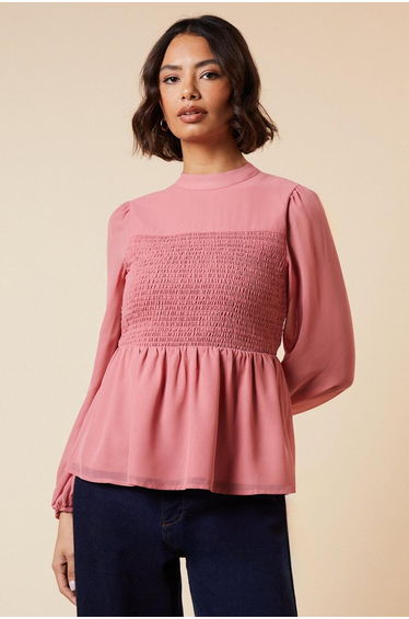 Shirred Front And Back Long Sleeve Blouse
