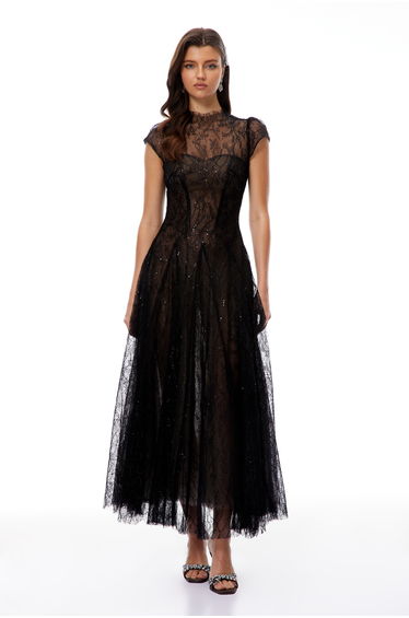 Velia Black Lace Glitter Tulle Maxi Gown