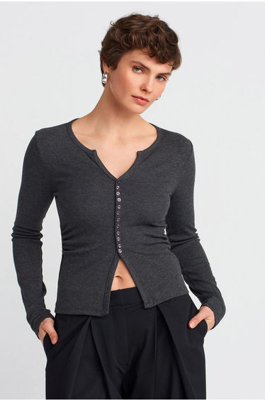 DILVIN Slim Fit Ribbed Button-Front Blouse