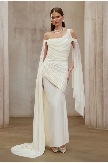 Aurianne White Asymmetrical Draped Maxi Dress