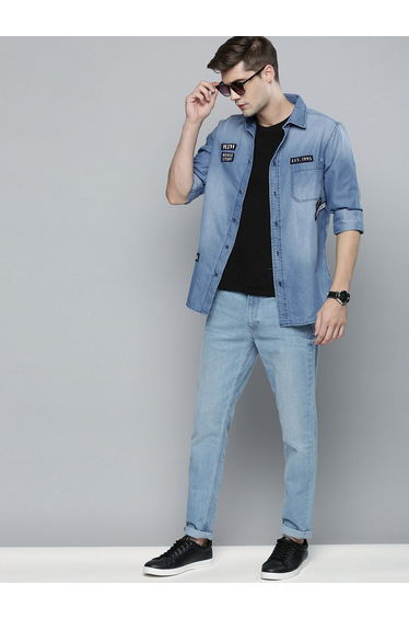 Men Blue Casual Shirt with Patches