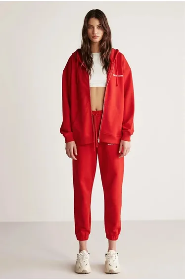 GRIMELANGE Ametis Women's Oversize Organic Cotton Metal Zipper Hoodie Red Sweatshirt