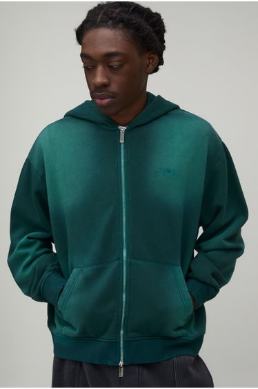 Oversized Boxy Spray Wash Man Embroidered Double Ended Zip Through Hoodie - green