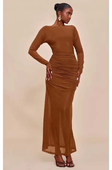 Chocolate Ruched Long Sleeve Maxi Dress