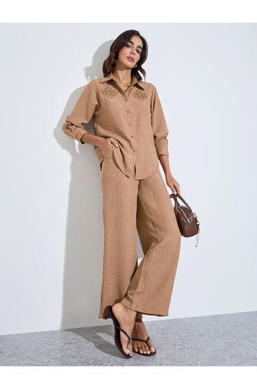 Over size shirt with emb patch and wide leg pants modest set