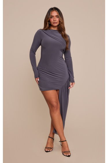 Shape Grey Slinky Drape Front High Neck Dress