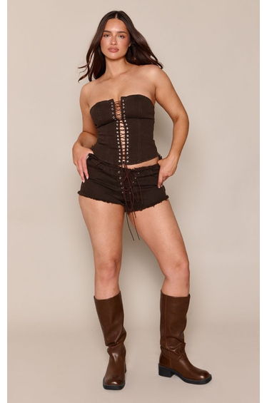 Shape Chocolate Stretch Denim Lace Up Mini Shorts