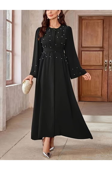 Black Faux Pearl Embellished A-Line Abaya