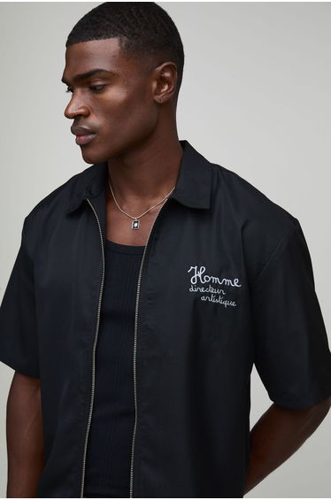 Oversized Boxy Half Homme Embroidered Zip Up Shirt - black