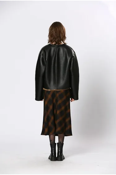 Faux Leather Zipped Jacket with Sherpa Lining