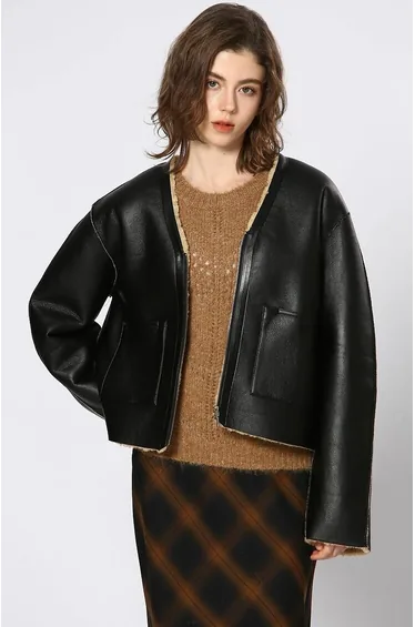 Faux Leather Zipped Jacket with Sherpa Lining