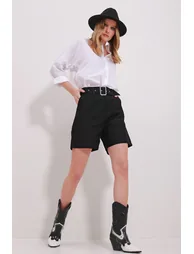 Women's Black Double Pocket Waist Belted Gabardine Shorts