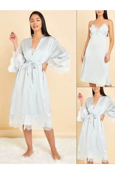 Pack of 2 - Lace Trim Insert Satin Nightie and Robe
