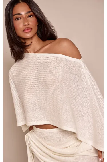 Petite Cream Knitted Asymmetric Off Shoulder Cape Top