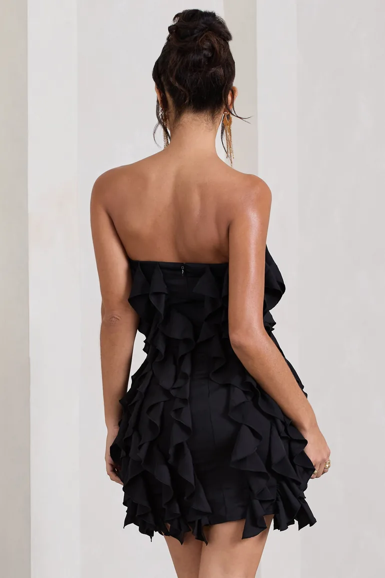 It Girl | Black Bandeau Bodycon Mini Dress With Ruffles - 1