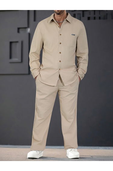 Men Textured Long Sleeve Shirt and Drawstring Pants Co-Ords