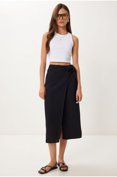 Women's Black Tie Detail Asymmetrical Linen Skirt