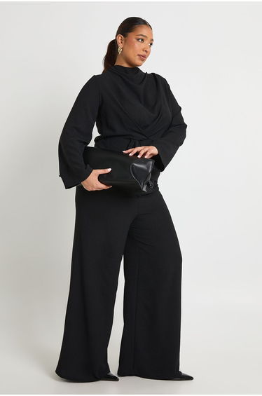 Plus Woven Drape Long Sleeve Blouse & Trouser Co-Ord - black