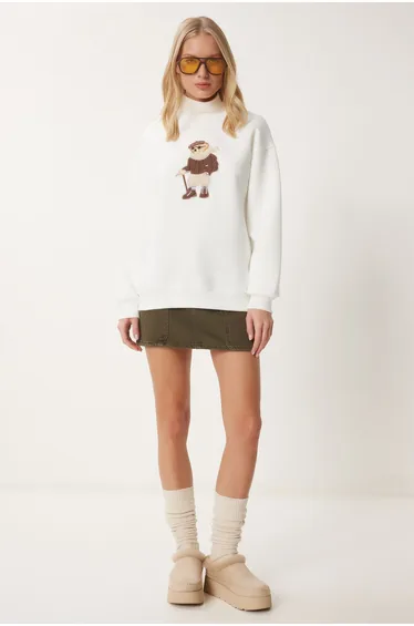 Women's Off White Teddy Bear Embroidered Raised Knitted Sweatshirt