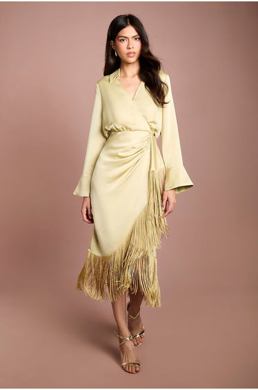 Fringe Satin Shirt Dress