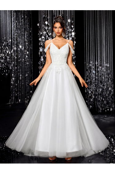 Modecrush Beaded White Off-the-shoulder Elegant Dress