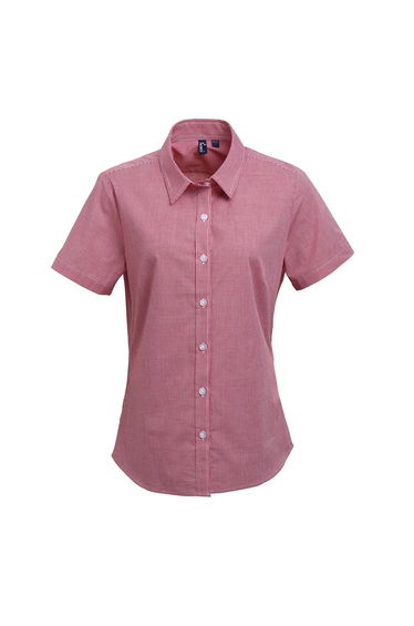 Premier Womens/Ladies Microcheck Short Sleeve Cotton Shirt - Red/White