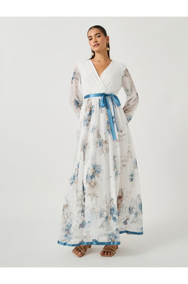 Women White Floral Print V Neck A-Line Maxi Dress with Ribbon Tie Detail