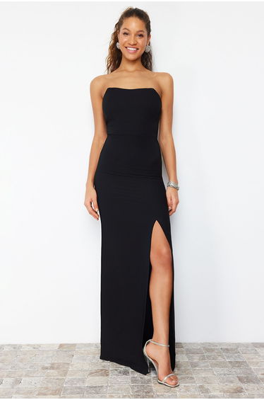 Black Strapless Column Maxi Slip Dress