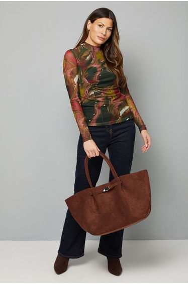 Marble Print Mesh High Neck Ruched Top