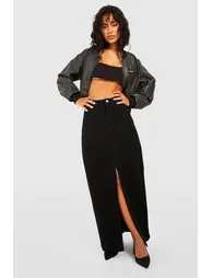 Basic Split Front Denim Maxi Skirt - washed black - 2