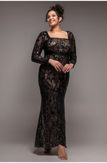 Goddiva Plus Sequin Square Neck Maxi With Scallop Hem - Black