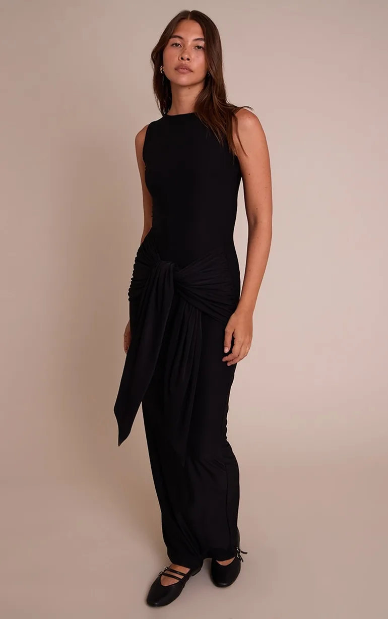 Black Jersey Boat Neck Wrap Detail Maxi Dress Prettylittlething Black : Day  Dresses : VogaCloset Oman