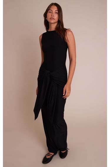 Black Jersey Boat Neck Wrap Detail Maxi Dress