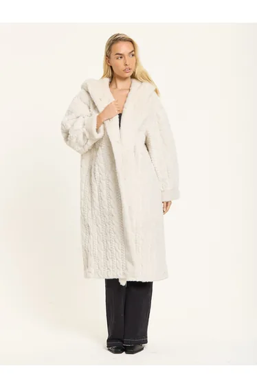 Ivory Hooded Faux Fur Coat