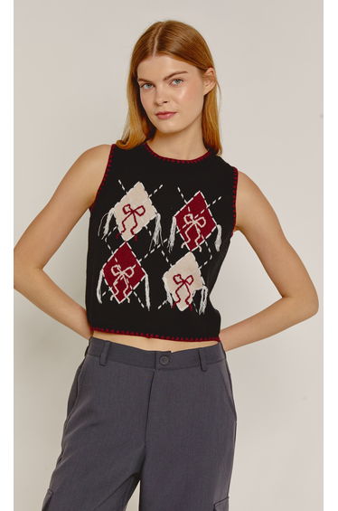 Black Bow Argyle Sleeveless Knit Top